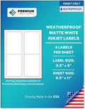 Premium Label Supply Waterproof Matte White Sticker Labels – 3.5" x 5" – Inkjet Printers Only – (4 per Sheet), 25 Sheets - 100 Total Adhesive Labels