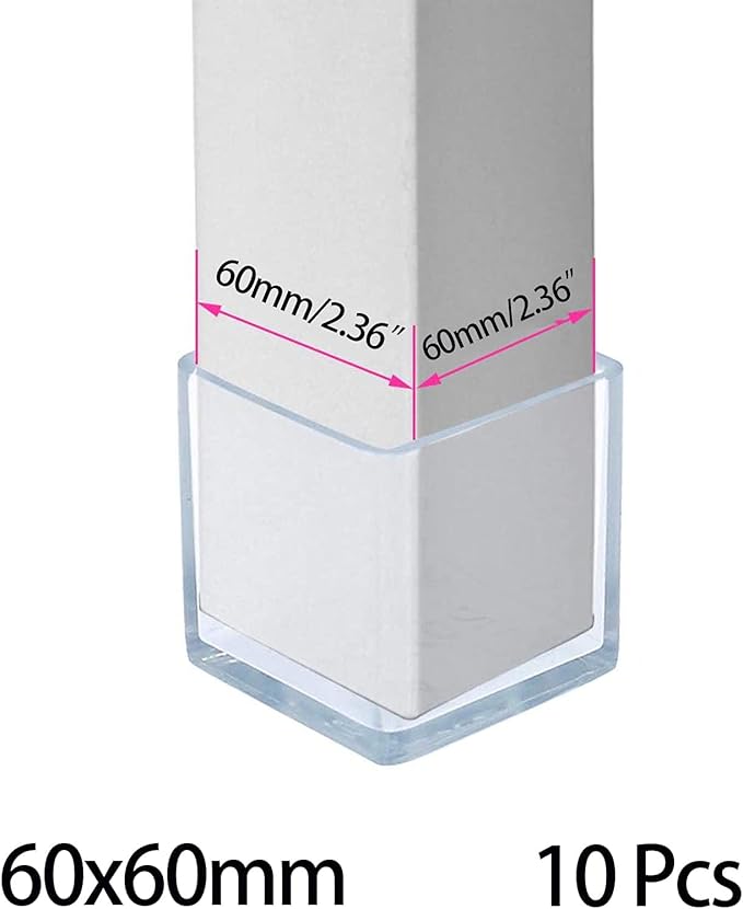 10 Pcs Transparent Square Anti-Slip Rubber Leg Tips Chair Leg Caps Furniture Floor Protectors Chair Table Bar Stool Leg Covers Furniture Leg Cube Feet 2.36 Inch x 2.36 Inch (60 x 60mm)