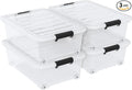 4 Pack Multipurpose 25 Qt Underbed Secure Latching Bin, Plastic Storage Container with Snap-On Lid and Wheels, Clear