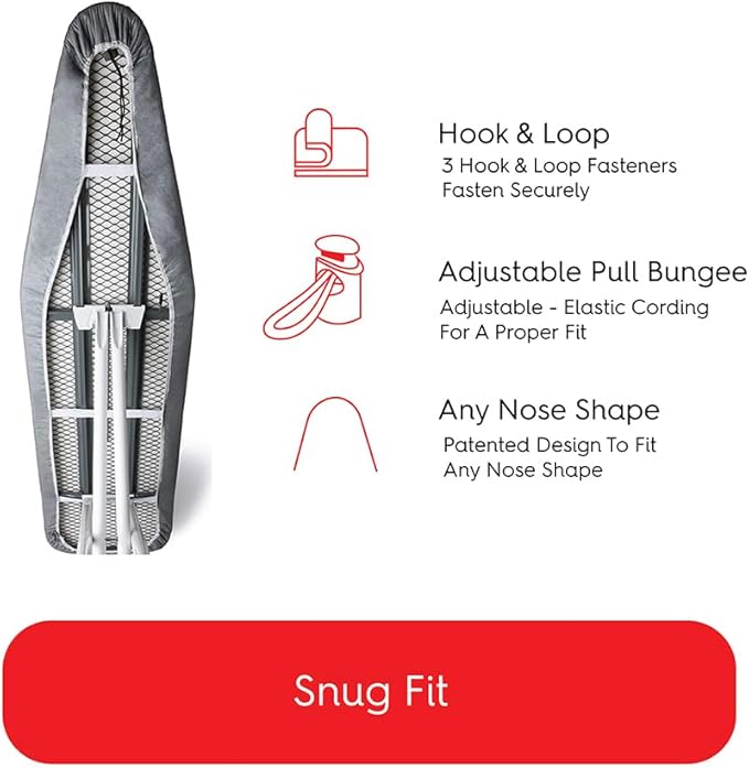 TIVIT Ironing Board Cover 17 x 49, Made in Italy. Pro Grip Pad Covers w/3 Fastener Straps & Pull Bungee Cord - Durable Scorch & Stain Resistant Padded Layers, Heat Reflective AlumiTek PRO Top Coat