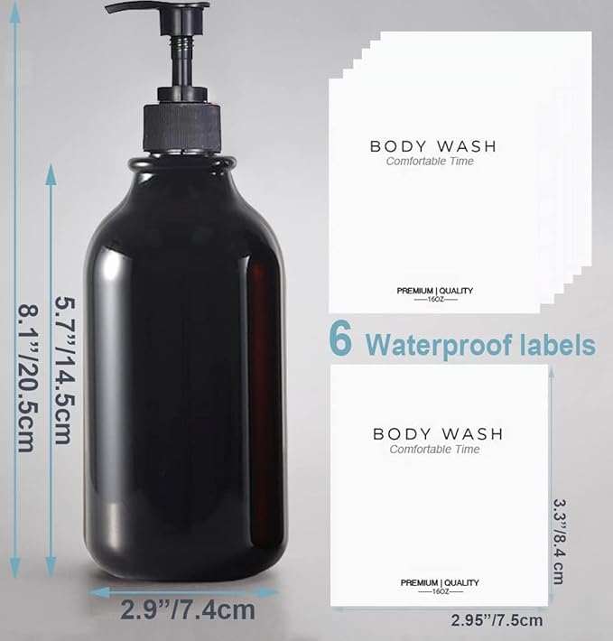 3 Pack of Shampoo and Conditioner Bottles - Apothecary Dispenser Bottle for Bathroom and Kitchen, Refillable Shampoo Bottles for Shampoo Lotion Oil Shower Soap Hand Soap and Dish Soap (Black)