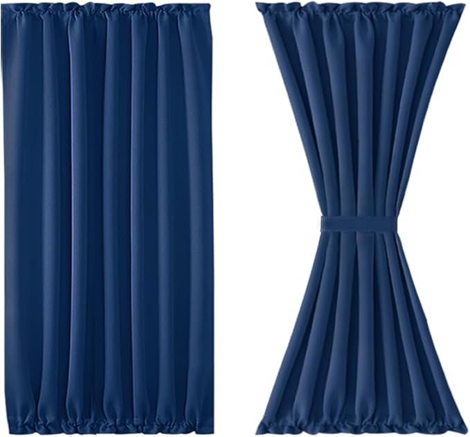 DWCN French Door Curtains – Rod Pocket Thermal Blackout Curtain for Doors with Glass Window, Kitchen and Patio Doors for Privacy, 54 X 40 Inches Long, 1 Curtain Panel with Tieback,Classic Blue