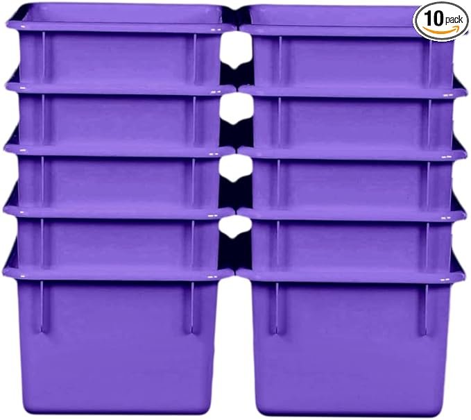 Wood Designs Cubby Storage Bin, Heavy Duty Plastic Containers for Kids Purple Cubby Tray Set of 10