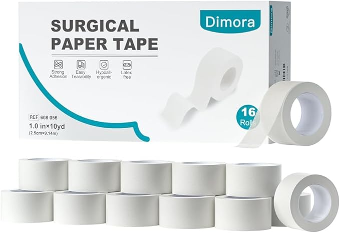 Dimora Paper Medical Tape 16 Rolls- Hypoallergenic White Surgical Tape for Sensitive Skin，Breathable First Aid Wound Tape with Pain-Free Removal，Secures Dressing and Medical Devices -1" x 10 Yards