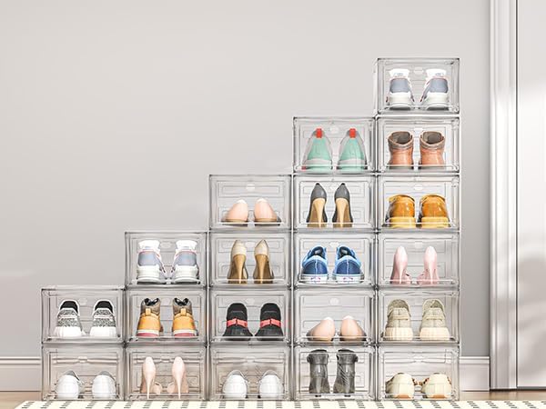 Upgrade Harder Solid Plastic Shoe Organizer, Shoe Storage with Magnetic Front Door, Shoe Rack 6 Pack Shoe Boxes Clear, Sneaker Storage, Shoe Organizer for Closet, Shoe Display Case, White