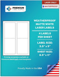 Premium Label Supply Waterproof Matte White Sticker Labels – 3.5" x 5" – Laser Printers Only – (4 per Sheet), 10 Sheets - 40 Total Adhesive Labels