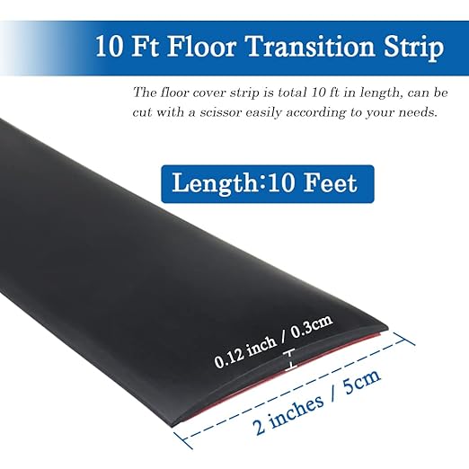 Floor Transition Strip Self Adhesive Floor Cover Strips Laminate 2" Wide Vinyl Flat Divider Transitions (5cm, 10Ft, Black)