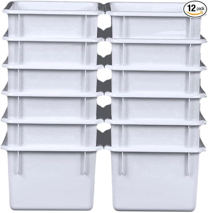 Wood Designs Cubby Storage Bin, Heavy Duty Plastic Containers for Kids White Cubby Tray Set of 12