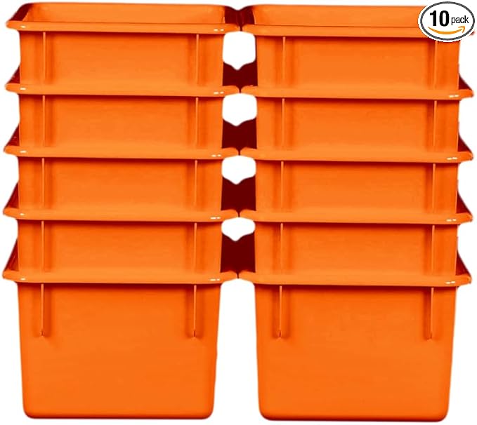 Wood Designs Cubby Storage Bin, Heavy Duty Plastic Containers for Kids Orange Cubby Tray Set of 10
