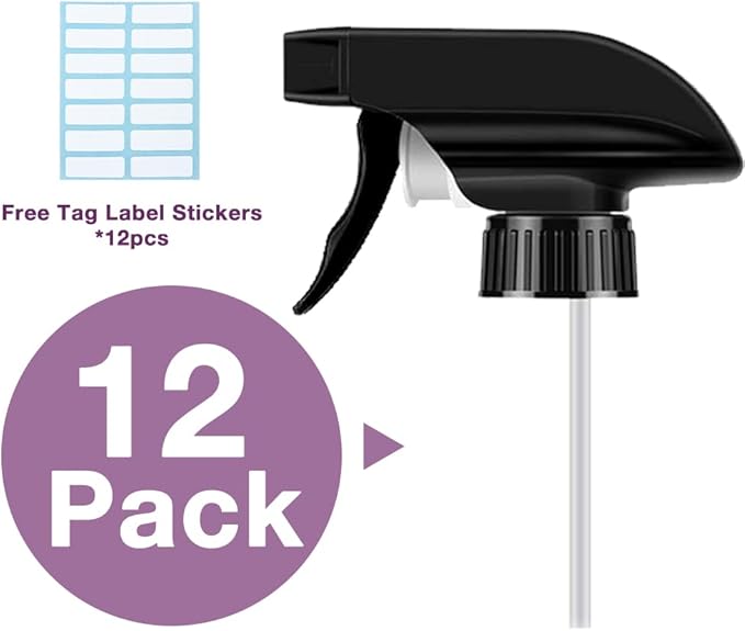 AMORIX 12PCS Spray Bottle Nozzle Trigger Sprayer Black Spray Top - Heavy Duty Replacement Nozzle with Mist Stream Sprayer, Fits 28/400 Boston Spray Nozzle for Bottles, Gardening, Cleaning Solutions
