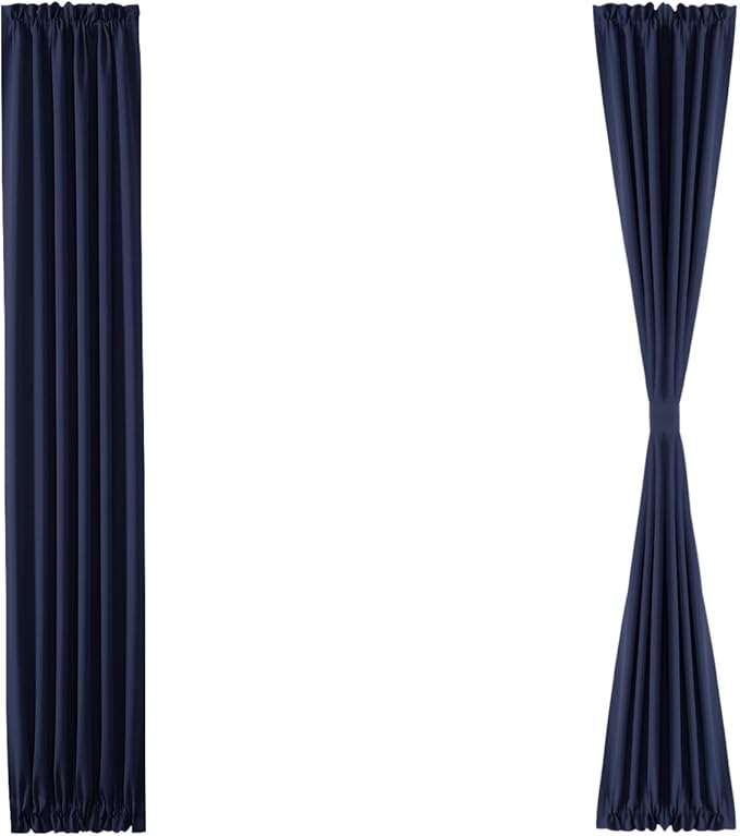 DWCN French Door Curtains – Rod Pocket Thermal Blackout Curtain for Doors with Glass Window, Kitchen and Patio Doors for Privacy, 12 X 72 Inches Long, 1 Curtain Panel with Tieback, Navy Blue