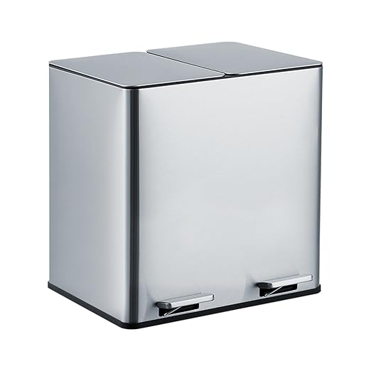 GarveeHome Dual Trash Can, 2x4 Gallon (2x15L) Stainless Steel Step Trash Can, Rectangular Garbage Can for Kitchen, Office with 2 Compartments, Removable Inner Buckets, Soft-Close Lid, Silver