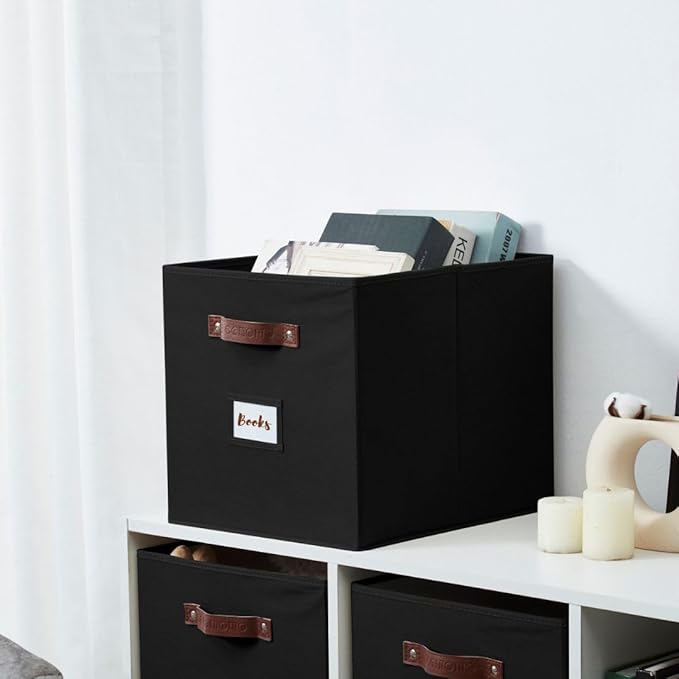 DECOMOMO Storage Baskets, 13x15x13 Storage Cube Bins with Labels for Organizing Shelves Kallax (Kallax / 4pcs, Black)