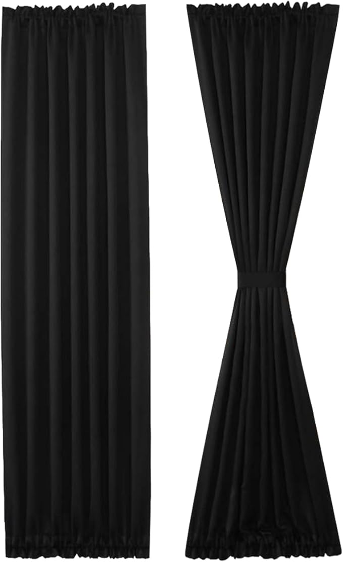 DWCN French Door Curtains – Rod Pocket Thermal Blackout Curtain for Doors with Glass Window, Kitchen and Patio Doors for Privacy, 36 X 72 Inches Long, 1 Curtain Panel with Tieback,Black