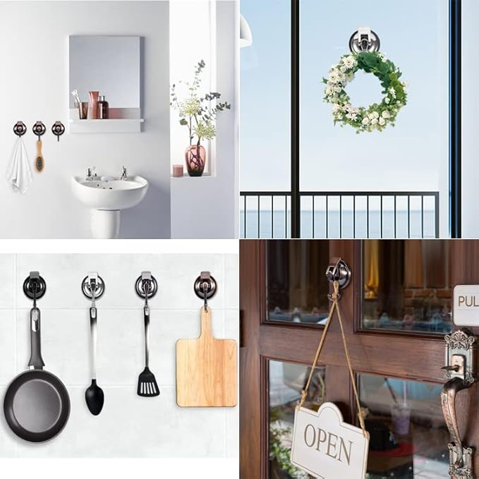 Suction Cup Hooks for Shower, Bathroom, Kitchen, Glass Door, Mirror, Tile – Loofah, Towel, Coat, Bath Robe Hook Holder for Hanging – Waterproof Wreath Hook (Silver 2Pack)