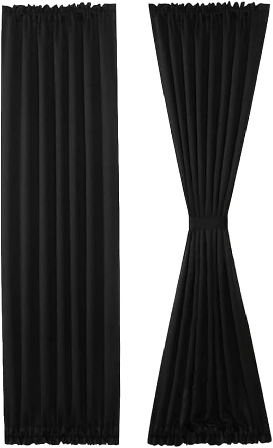 DWCN French Door Curtains – Rod Pocket Thermal Blackout Curtain for Doors with Glass Window, Kitchen and Patio Doors for Privacy, 25 X 80 Inches Long, 1 Curtain Panel with Tieback, Black