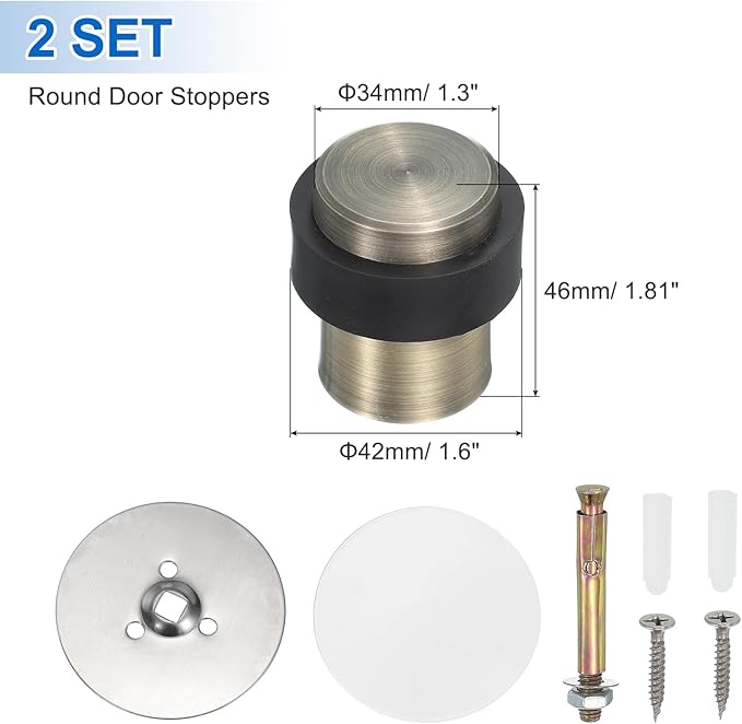 PATIKIL 2Set Round Door Stoppers, 46mm Stainless Steel Door Stop Doorstop Wedge Metal Cylinder Self Adhesive with Screw for Bottom of Door Floor Inside, Bronze