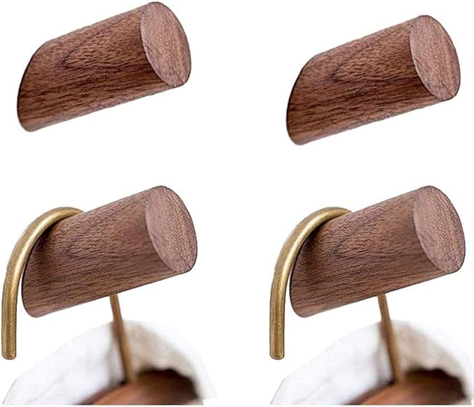 Wood Wall Hooks, 4 Pack Coat Hooks Wall Mounted, Rustic Wooden Heavy Duty Robe Hook Hat Rack, Hooks for Hanging Bathroom Towels Clothes Hanger (Walnut Wood)