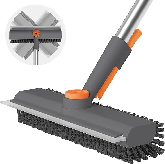 Floor Scrub Brush with Long Handle, 3 in 1 Scrape and Heavy-Duty Stiff Bristle Scrubber Brush for Cleaning Shower Bathroom, Patio, Garage, Kitchen, Wall and Deck (Gray, 1 Pack)