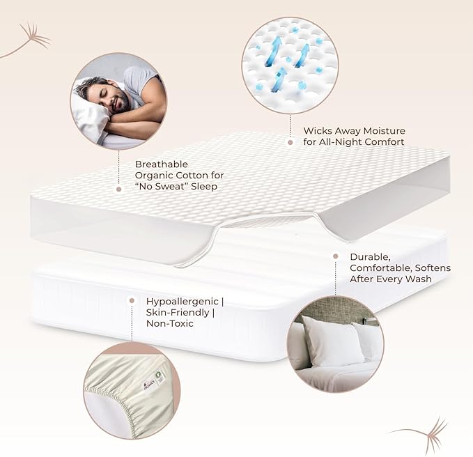 100% Cotton Organic Mattress Pad - Breathable & Cooling Mattress Protector Cal King - Premium 300GSM Quilted and Noiseless Machine Washable Organic Mattress Protector (White, Cal King)