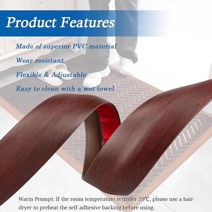 Floor Transition Strip Self Adhesive Carpet & Flooring Transitions Edging Trim Strip PVC Threshold Transitions Suitable for Threshold Height Less Than 5mm (3.3Ft, Wood Grain Coffee)