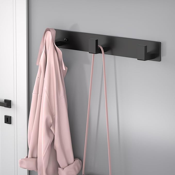 PMMASTO Coat Rack Wall Mount, Coat Hooks Wall Hooks for Hanging, Stainless Steel Coat Hanger Towel Hooks for Bathrooms, Coat Rack Hat Rack (Black 3 Hooks, 1 Pack)