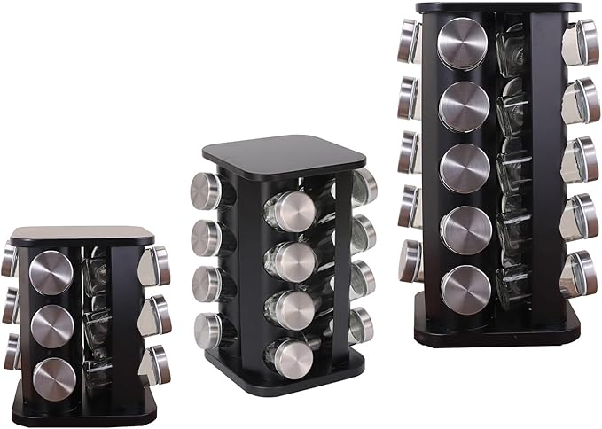 Spice Rack, Rotating Countertop Spice Rack Organizer, 16 Jars, Black, Stainless Steel