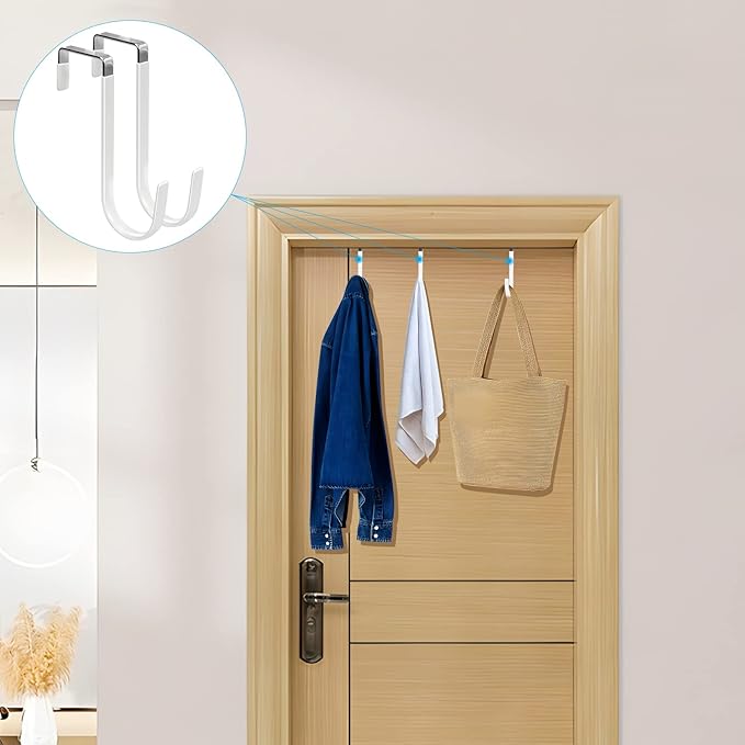 FYY Over the Door Hooks, 6 Pack Door Hangers Hooks with Rubber Prevent Scratches Heavy Duty Organizer Hooks for Living Room, Bathroom, Bedroom, Kitchen Hanging Clothes, Towels, Hats, Coats, Bags White