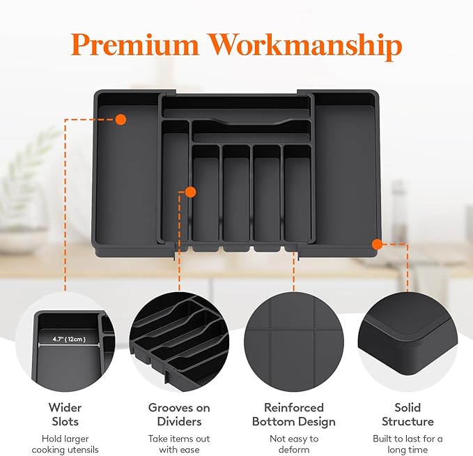 Lifewit Silverware Drawer Organizer, Expandable Utensil Organizer for Kitchen Drawers, Adjustable Cutlery and Flatware Tray, Plastic Spoons Forks Knives Holder Storage Dividers, Large, Black