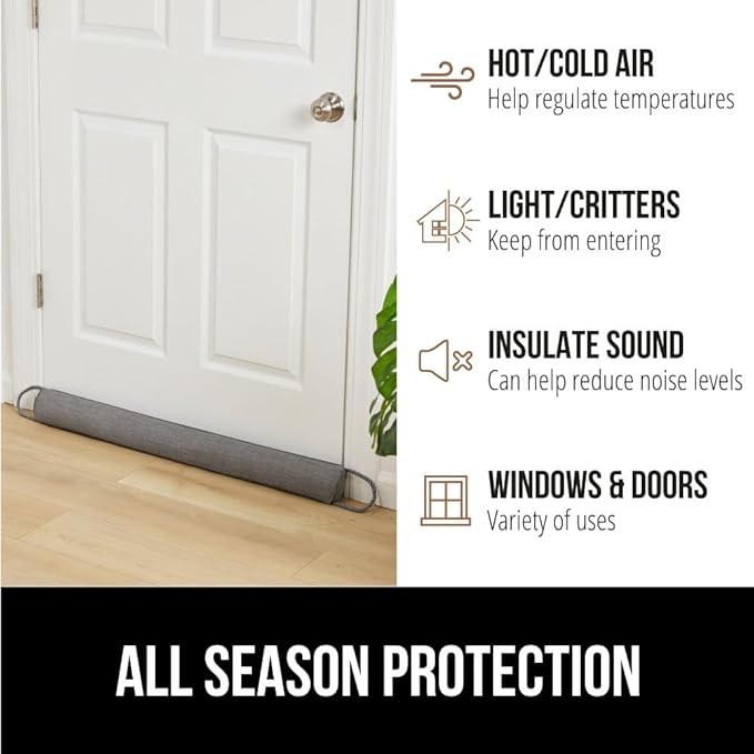 GORILLA GRIP Door Draft Stopper for Bottom of Doors, Weather Stripping Seal Blocks Hot Air, Noise, Bugs, Keeps Cold AC in, Sound Proofing Easy Install Gap Filler, Home Essentials, 34 Inch 2 Pack, Gray