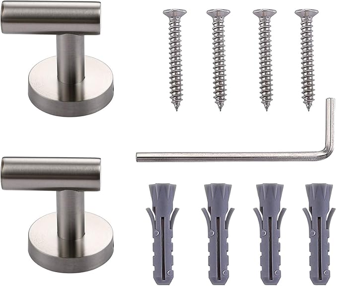 TASTOS Bathroom Towel Hooks Brushed Nickel, 2 Pack Stainless Steel Robe Coat and Clothes Hook, Heavy Duty Wall Hook for Bathroom & Kitchen, Modern Round Style Screw Wall Mounted