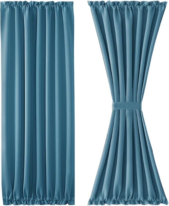 DWCN French Door Curtains – Rod Pocket Thermal Blackout Curtain for Doors with Glass Window, Kitchen and Patio Doors for Privacy, 54 X 72 Inches Long, 1 Curtain Panel with Tieback, Stone Blue
