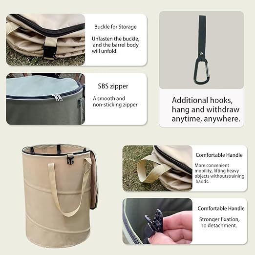 Collapsible Trash Can with Lid, Foldable Camping Trash Can, Outdoor Recycle Bin for Clothes and Toys, Thickened, Sturdy, Durable, with Attached Hook (Coffee)