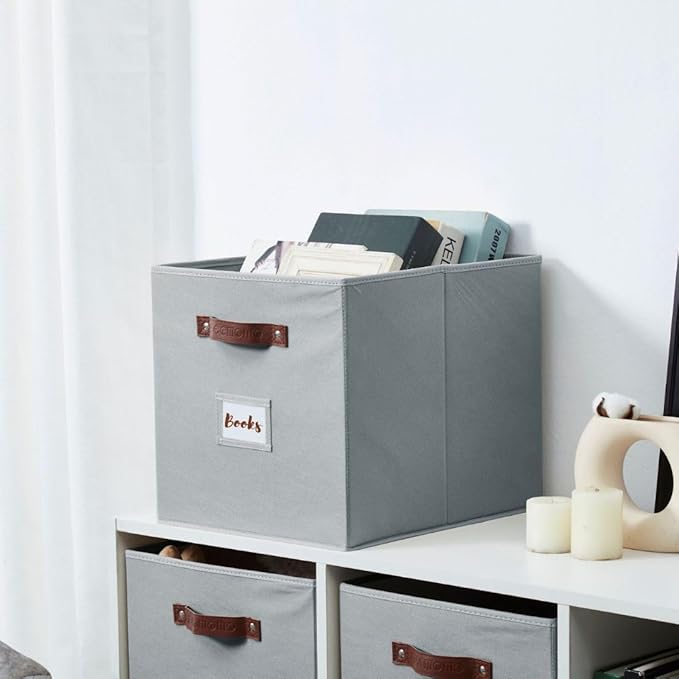 DECOMOMO Storage Baskets, 13x15x13 Storage Cube Bins with Labels for Organizing Shelves Kallax (Kallax / 4pcs, Grey)