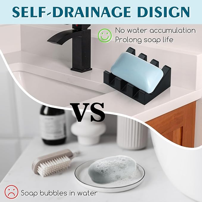 Silicone Soap Dish for Bar Soap Holder for Shower Bathroom Self Draining Waterfall Drying Tray Keep Soap Bars Dry Clean & Easy Cleaning (Black, 1)