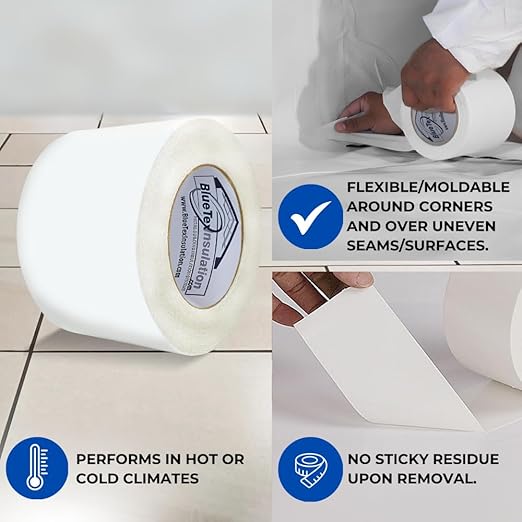 BlueTex Insulationㅤ 3" Wide x 180' Long White Vapor Barrier Seam Tape - 8 Roll Bulk Pack Waterproofing & Great for Crawlspaces, Insulation Repairs, Underlayment Seams, Metal Building Insulation Seams