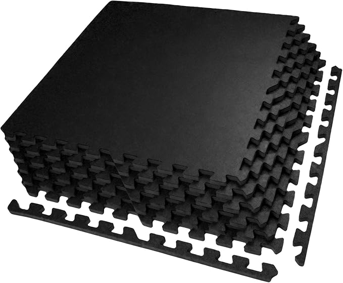 AIRHOP 0.56in Thick 24 Sq Ft Exercise Equipment Mats, 6 Tiles Upgraded Rubber Top with High Density EVA Foam, Large Interlocking Puzzle Gym Flooring for Home Gym, Heavy Weight Workout,Black