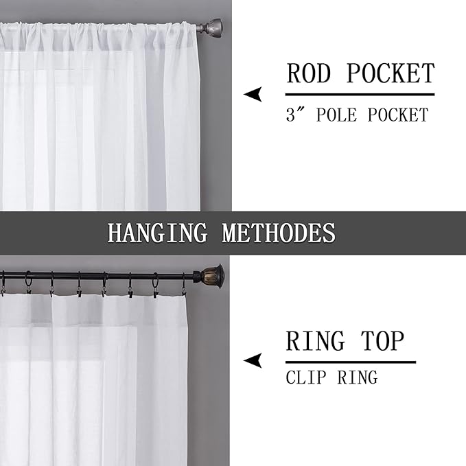Tollpiz Sheer Curtain Linen Textured Living Room Curtains Sheer Light Filtering Rod Pocket Voile Curtain for Bedroom, 54 x 72 inches Long, White, Set of 2 Panels