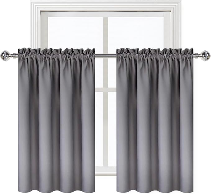 DWCN Short Grey Blackout Curtains for Small Window, Thermal Insulated Energy Saving Room Darkening Curtains for Kitchen/Bedroom (W42 x L36 inch, Set of 2 Panels, Top of Rod Pocket)