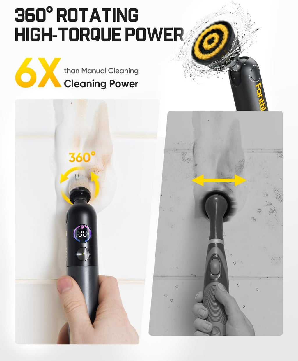 Fanttik Flip G10 Nano HomeCare Cordless Electric Spin Scrubber, 360° High-Torque Rotation, 2-Speed & 3-Angle, IPX7 Waterproof Cleaning Brush with 15 Brush Heads for Grout, Tiles, Sinks, Crevices