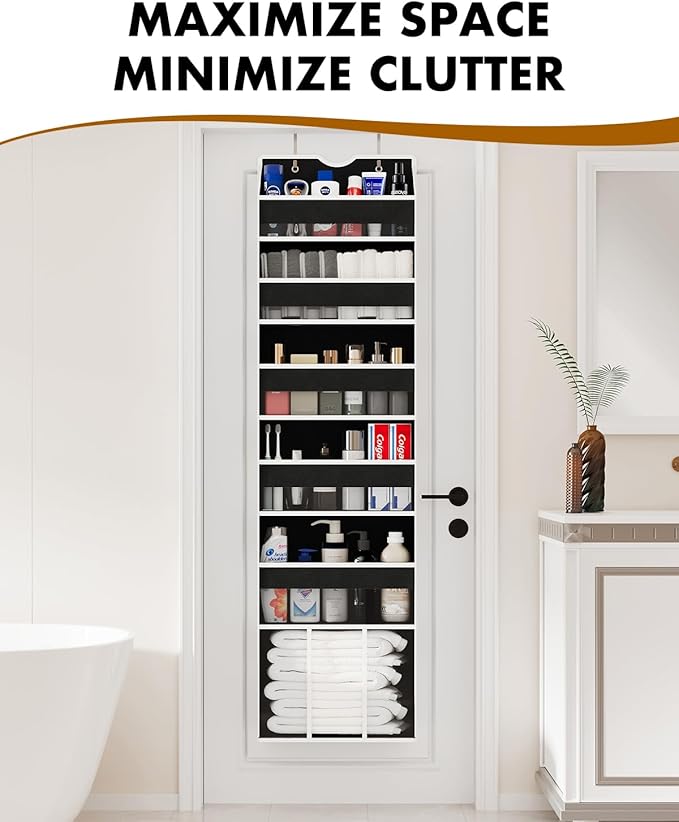 Over The Door Organizer Hanging - 6 Shelf Over Door Organizer with 6 Clear Front & 12 Side Pockets - 50LB Load Behind Storage for Closet Bedroom Bathroom Nursery Baby Essentials(Black)