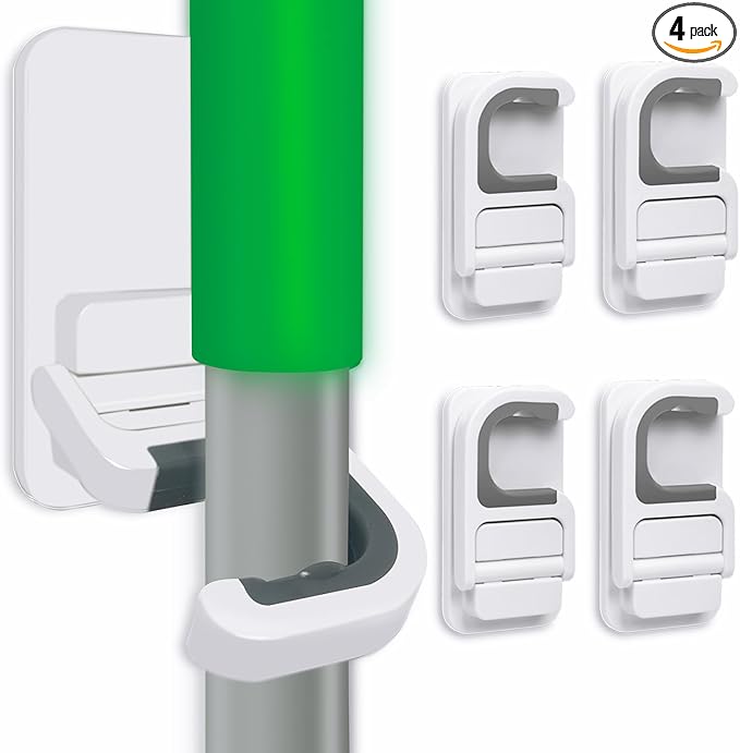 4pack Broom Holder Wall Mount Mop Holder Broom and Mop Gripper Self Adhesive No Drilling Anti-Slip Mop Handle Hanger Household Cleaning Organizer, Holds up to 6 lb