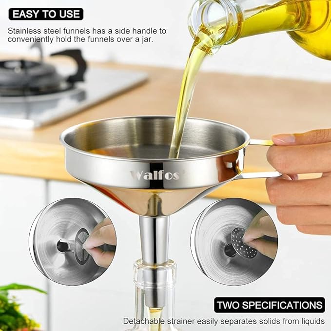 Walfos Extra Large Stainless Steel Funnel with Venting Slot, Kitchen Funnel with 2 Removable Strainer ＆ 1Pc Cleaning Brush, Perfect for Transferring Liquid, Oils, Jam, Dry Ingredients (Jumbo, 7.9")