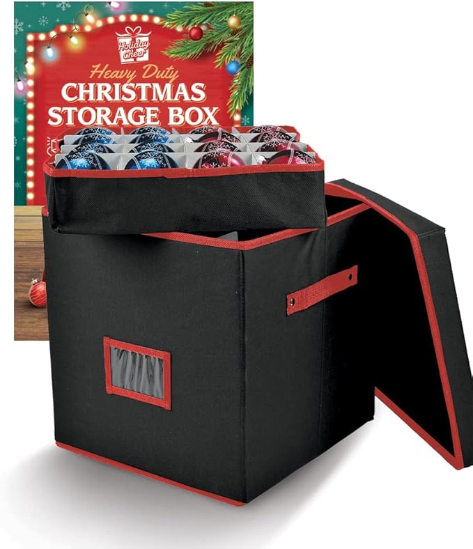 Holiday Cheer Premium Christmas Ornament Storage with 4 Tray – Christmas Storage Container with Dividers Perfect for Holiday Decorations– Fits 64 Holiday Ornaments – Tear-Proof Fabric