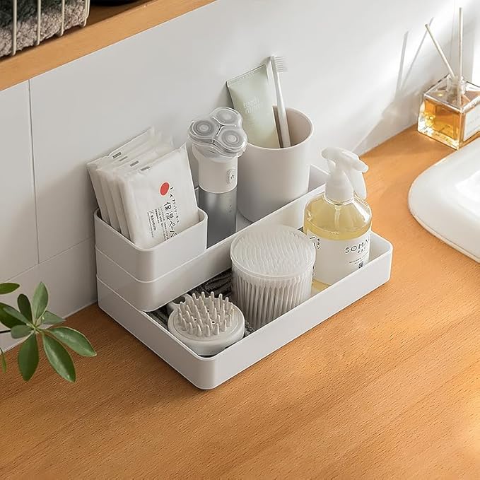 RAUVOLFIA Plastic Stackable Office Desk Drawer Organizers,Multi-size Trays,Small Makeup Vanity Storage Bins and Office Desk Drawer Dividers (White-5 Pack)