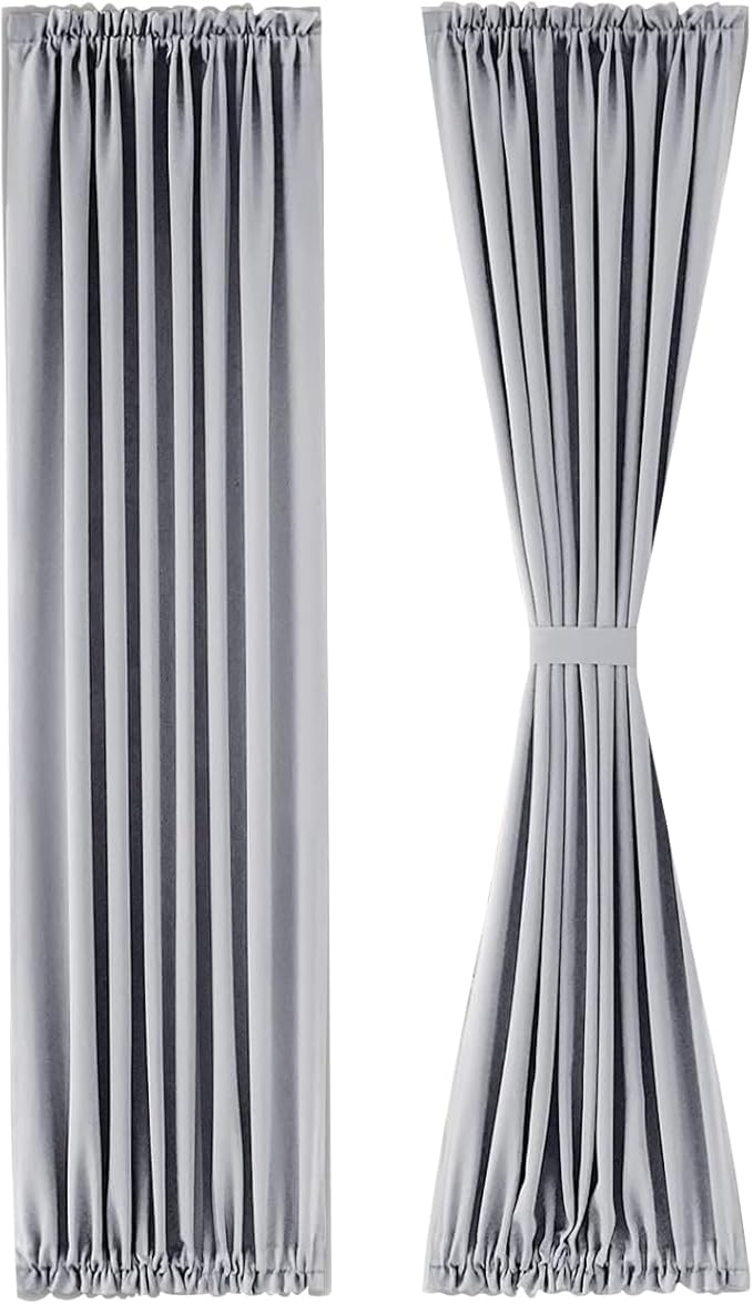 DWCN French Door Curtains – Rod Pocket Thermal Blackout Curtain for Doors with Glass Window, Kitchen and Patio Doors for Privacy, 36 X 72 Inches Long, 1 Curtain Panel with Tieback,Silver Grey