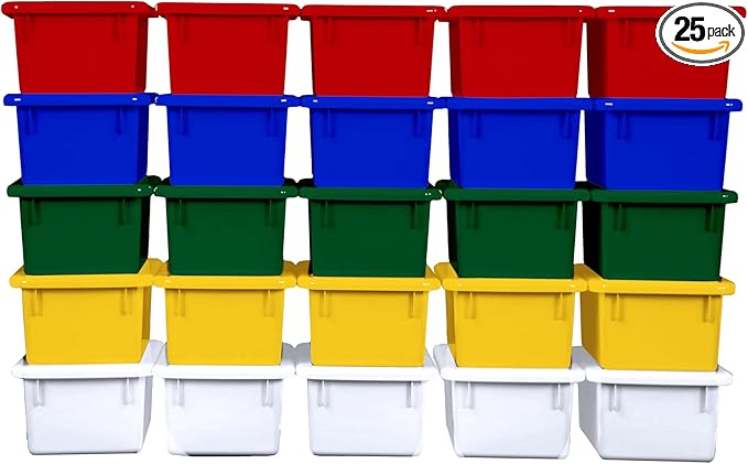 Wood Designs Cubby Storage Bin, Heavy Duty Plastic Containers for Kids Assorted Cubby Tray Set of 25