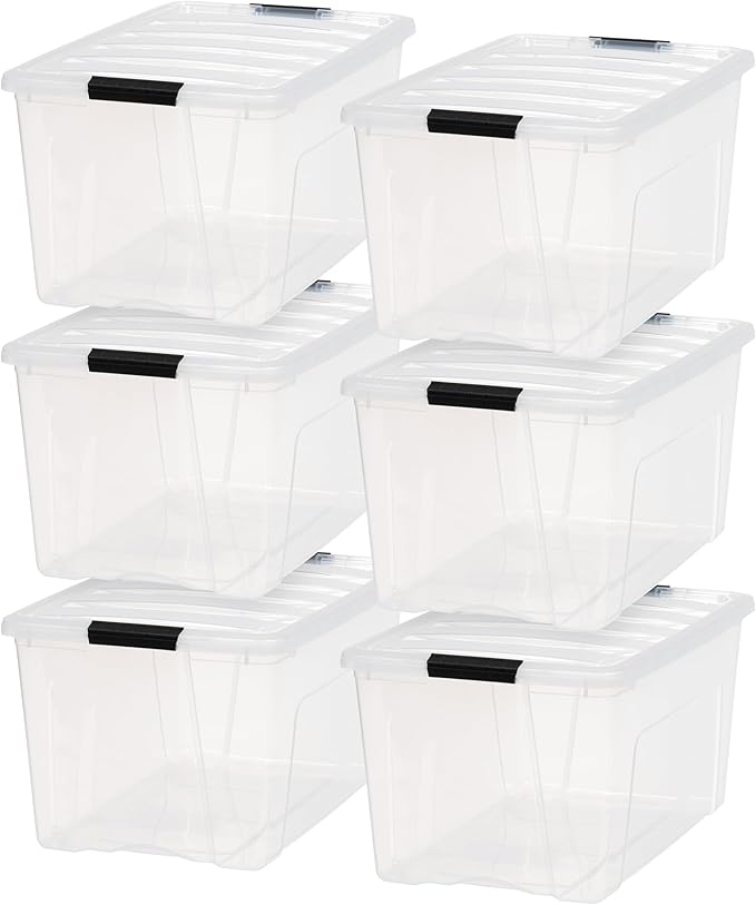 IRIS USA 72 Qt Stackable Plastic Storage Bins with Lids, 6 Pack - BPA-Free, Made in USA - See-Through Organizing Solution, Latches, Durable Nestable Containers, Secure Pull Handle - Clear