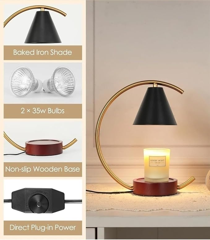 Candle Warmer Lamp with Timer and Dimmer, Electric Scented Wax Warmer for Bedroom, Home Decor Aroma Candle Holder Night Light/Table Lamp - Gift (ABC-Golden-Cresent)