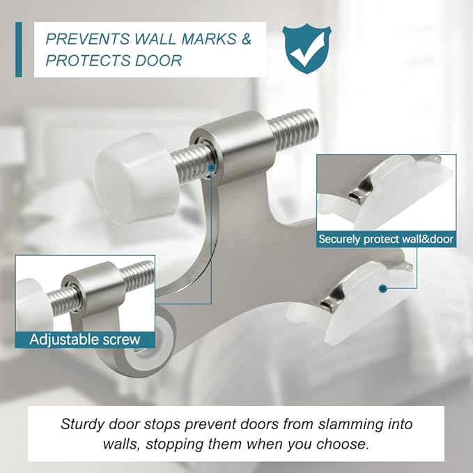 8 Pack Hinge Pin Brushed Nickel Door Stopper, Adjustable Heavy Duty Hinge Pin Door Stop with Rubber Bumper Tips